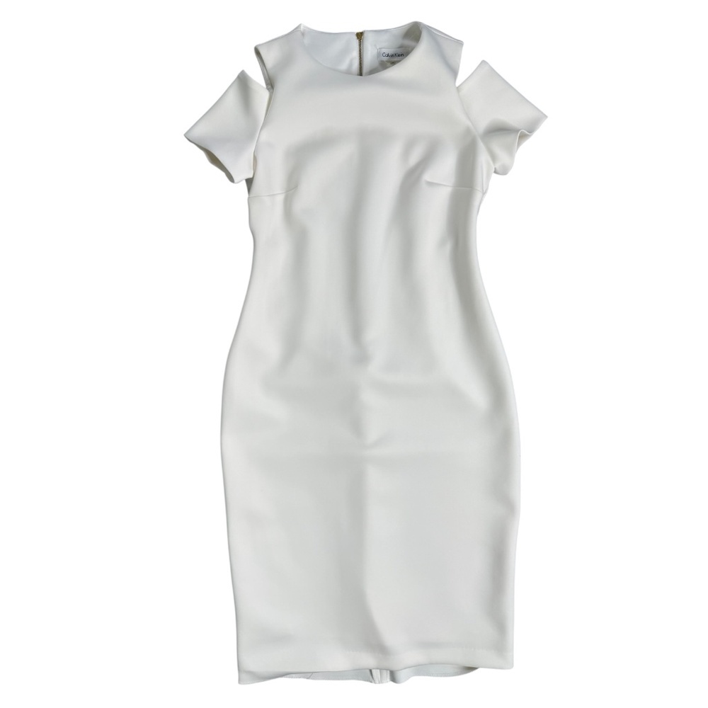 Calvin Klein White Cold Shoulder Sheath Dress Scuba Stretch Bride Formal Work 6
